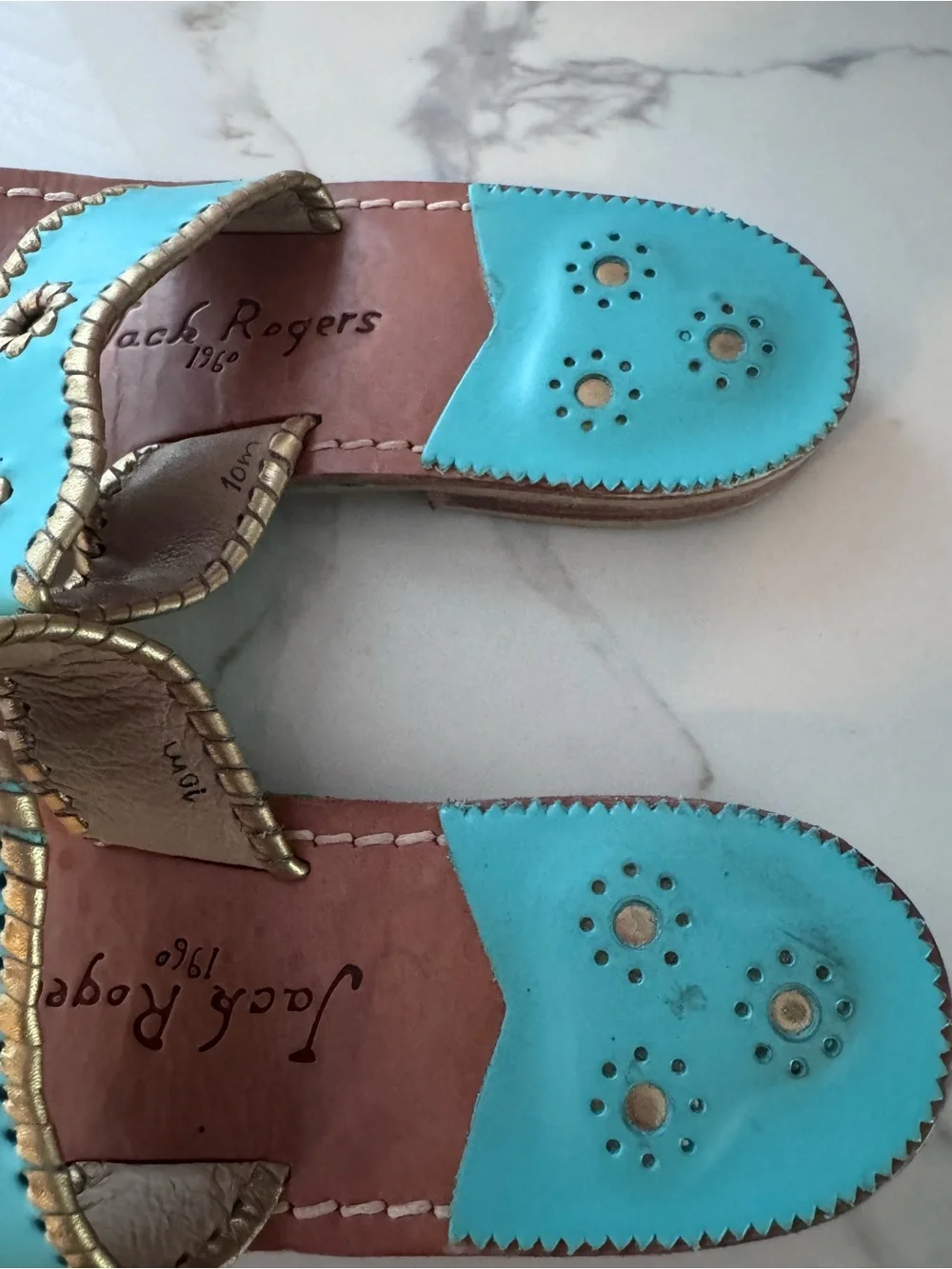 Jack Rogers Turquoise and Gold Leather Slide Sandals